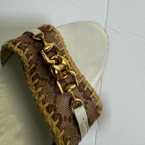 Gucci GG Horsebit Leather Canvas Open Toe Mules Slides Sandals Heels Neutral 36 - Picture 6 of 15